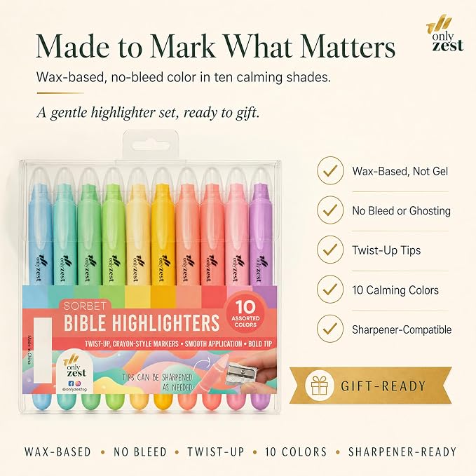 10 Pack Bible Safe Highlighters - Sorbet Color, Wax Highlighters | No Bleed, Scripture Markers for Journaling, Study Accessories and School Supplies