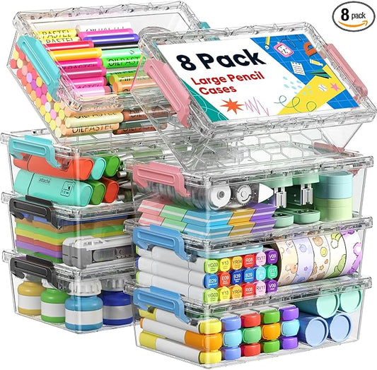 BiuLeon 8 Pack Large Pencil Box Set, Plastic Clear Pencil Case Marker Organizer, Crayon Box Craft Organizers, Stackable Storage Containers with Lid for Pen, Art and Craft Supplies(Color)