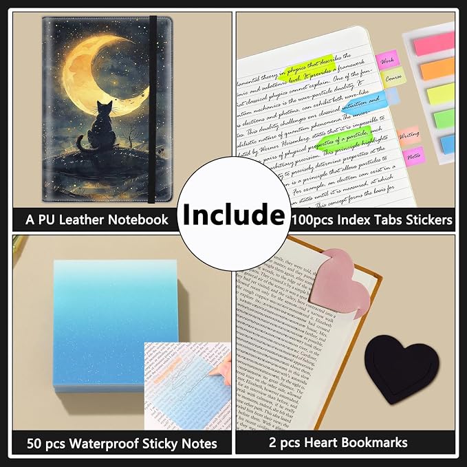 A5 Leather Lined Journal Notebook, 200 Pages Hardcover Executive Notebook for Men Women Office School Note Taking, Thick Writing Paper Daily Journal with Bookmarks/Indexes, Cat Under The Stars
