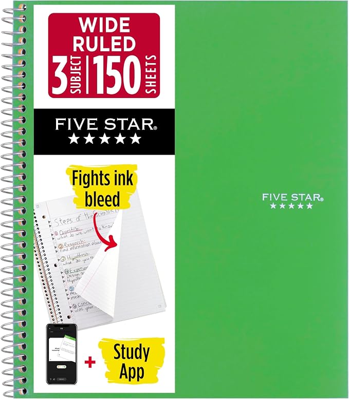 Five Star Spiral Notebook + Study App, 3 Subject, Wide Ruled Paper, 8" x 10-1/2", 150 Sheets, Fights Ink Bleed, Water Resistant Cover, Forest Green (73176) (Pack of 6)