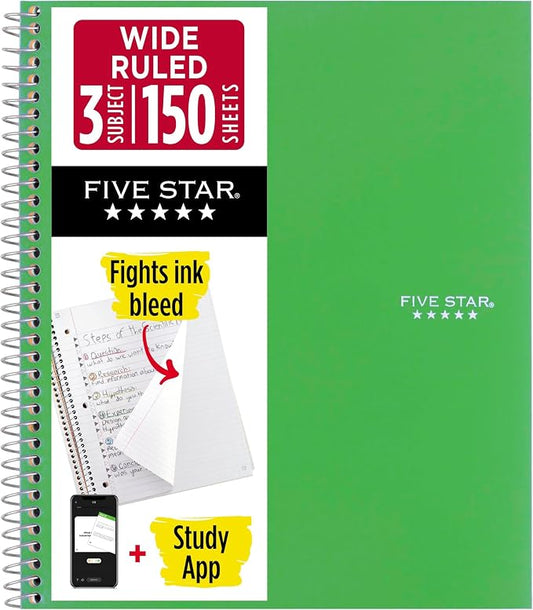 Five Star Spiral Notebook + Study App, 3 Subject, Wide Ruled Paper, 8" x 10-1/2", 150 Sheets, Fights Ink Bleed, Water Resistant Cover, Forest Green (73176) (Pack of 6)