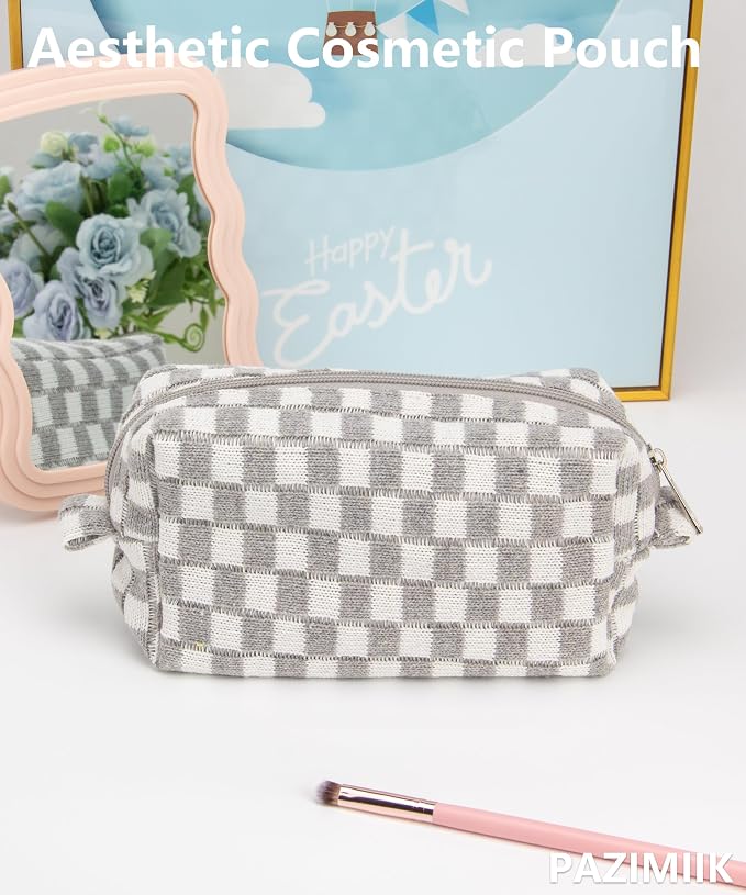 PAZIMIIK Checkered Makeup Bag for Purse, Small Travel Cosmetic Pouch,Grey | Cute Zipper Makeup Organizer for Women, Travel Essentials, Toiletries, Makeup Brushes, Beauty Accessories&Bridesmaid Gifts