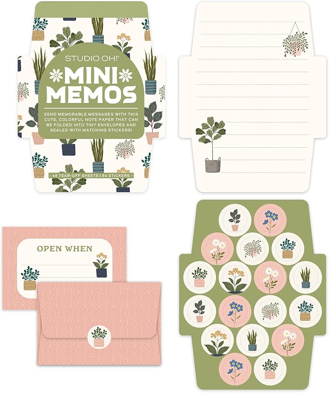 Studio Oh! Blank Mini Note Cards with Sticker Seals, 48 Tear-Off Foldable Memos, Tiny Envelope Notes, 6 Designs, 54 Stickers for All Occasion, Thanks, Party Invitations, Plant Lover