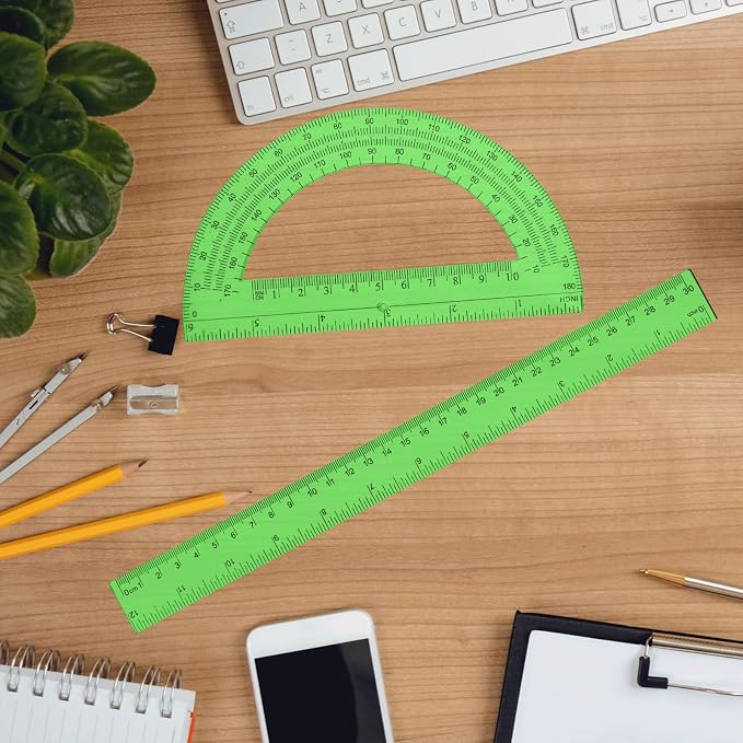2 Packs 12 Inch Plastic Ruler and 6 Inch Plastic Protractor Set Clear Math Geometry Set Classroom Set Angle Detector School Supplies Classroom Ruler Home Office Drawings (Green)