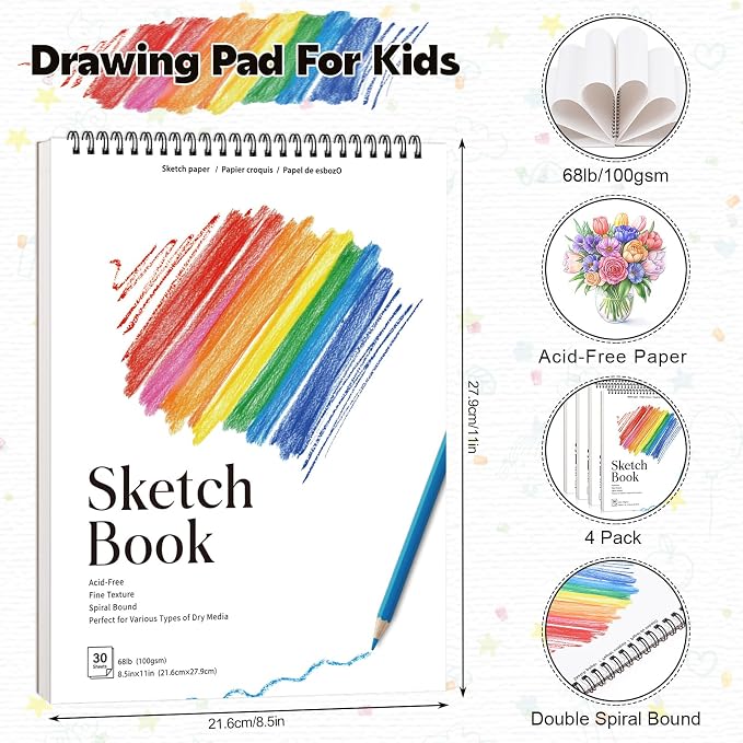 4 Pack Sketch Books, 8.5 x 11 Inch Mini Sketchbook, 68lb/100gsm Spiral Bound Small Sketch Pad, Acid Free Art Supplies Drawing Painting Sketchbook for Beginners, Artists & Easter Gift
