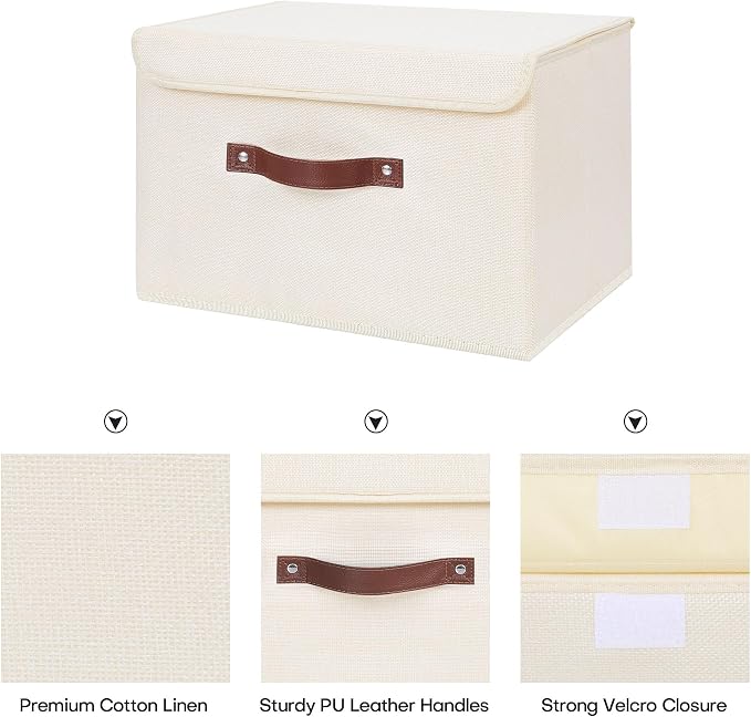 ANMINY 2PCS Storage Bin with Lid Storage Boxes with PU Leather Handles PP Plastic Board Decorative Foldable Lidded Cotton Linen Fabric Home Cubes Baskets Closet Organizer Container - Beige, Medium