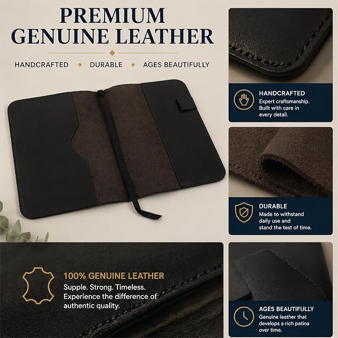 Premium Leather Journal Cover A5 – Handmade Refillable Notebook Cover Sleeve with Pen Holder for Writing, Travel & Business Use 5.75 x 8.25 (Black)