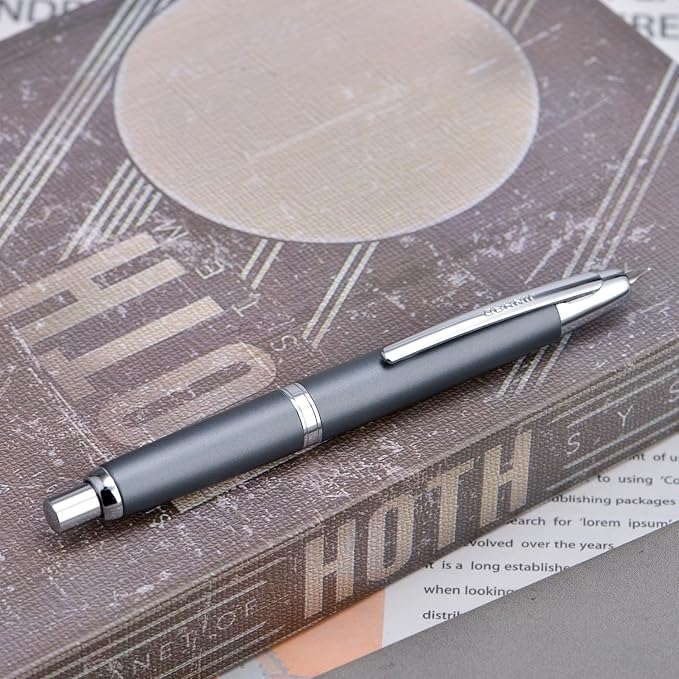 Jinhao 10 Press Fountain Pen with Box, Metal Gray Retractable Fine Nib with Ink Converter Set (Silver Clip)