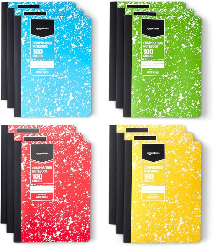 Amazon Basics Composition Notebook, Wide Ruled, 100 Sheets, 9.75" x 7.5", Assorted Marble Colors, 12-Pack