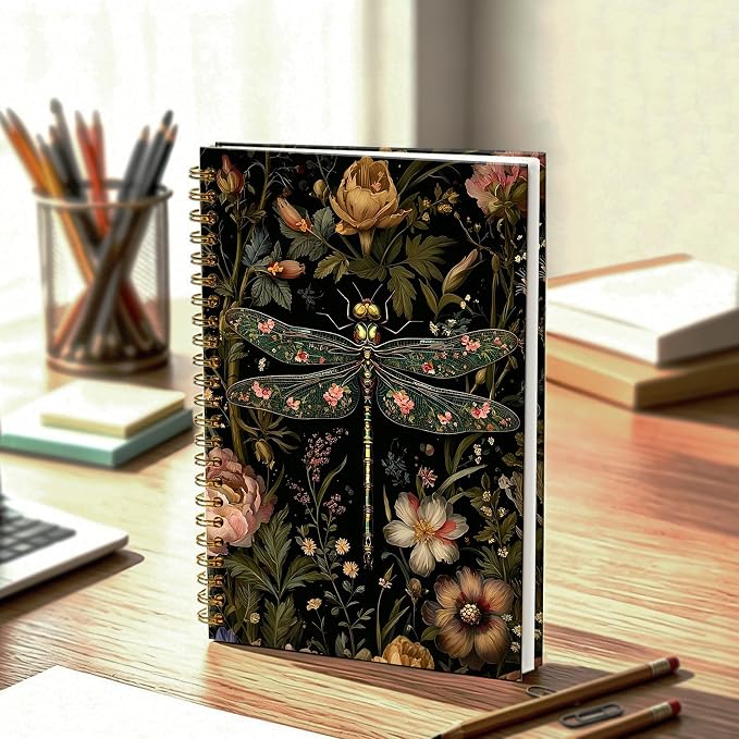 HOXUNQINA Moody Dark Floral Dragonfly Journal Notebook 5.5x8.3 | Dragonfly Gifts for Women Journal, Vintage Dark Cottagecore Botanical Insect Aesthetic Notebooks for Work