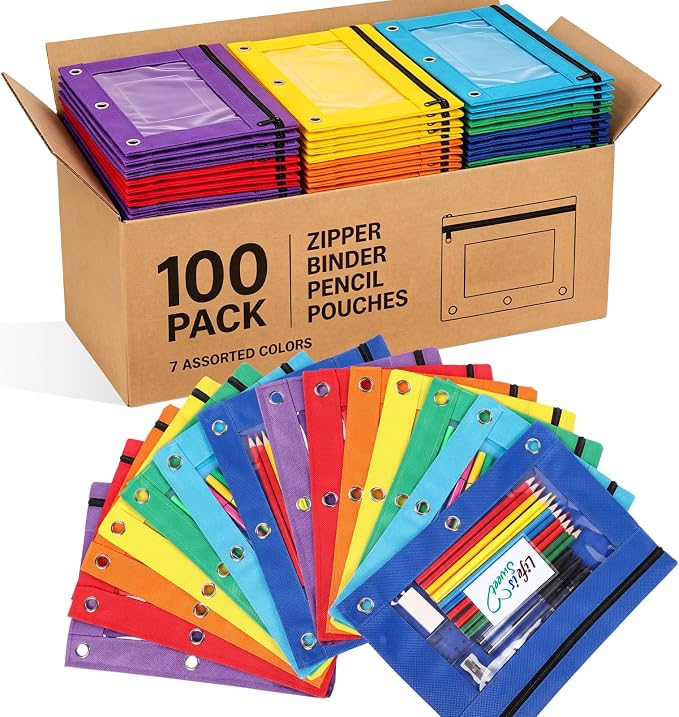 Zhehao 100 Pcs Zipper Binder Pencil Pouches:3 Ring Binder Pencil Pouches with Window Bulk Clear Pen Bags Case for Office School Classroom Supplies(Novel Color,Single Layer)