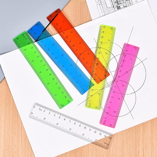 Unjoo Clear Plastic Ruler 6 Inch Straight Rulers, Assorted Colors (8 Pack) | Shatterproof Ruler with Inches and Centimeters, Easy-to-Read Markings, Drafting Ruler for School Classroom, Home, or Office