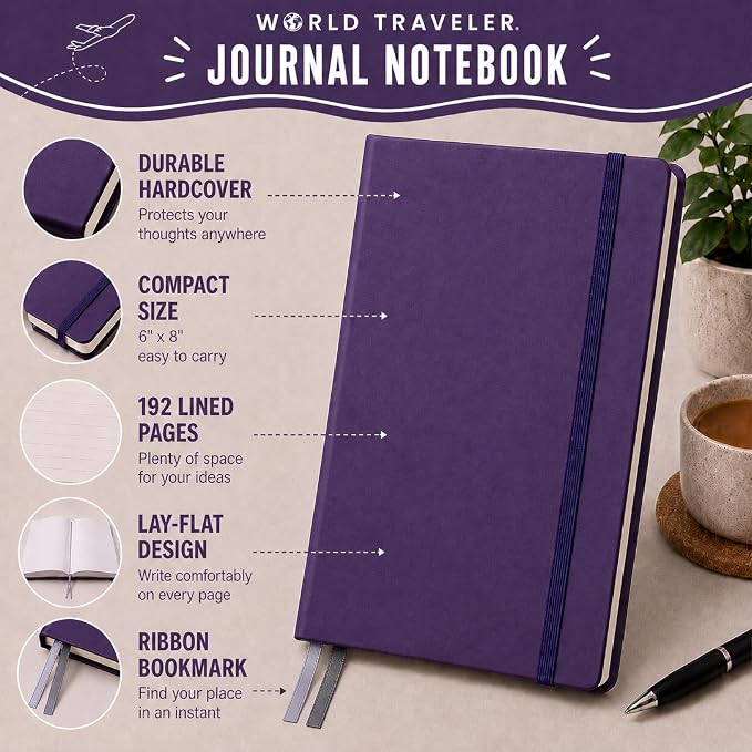 Eccolo Cool Jazz Hardbound Writing Journal, 192-Page Lined Paper, Lay-Flat | Elastic Band Closure, Interior Gusset Pocket, Double Ribbon Bookmarks and Built-In Pen Holder, Durable Section-Sewn Binding
