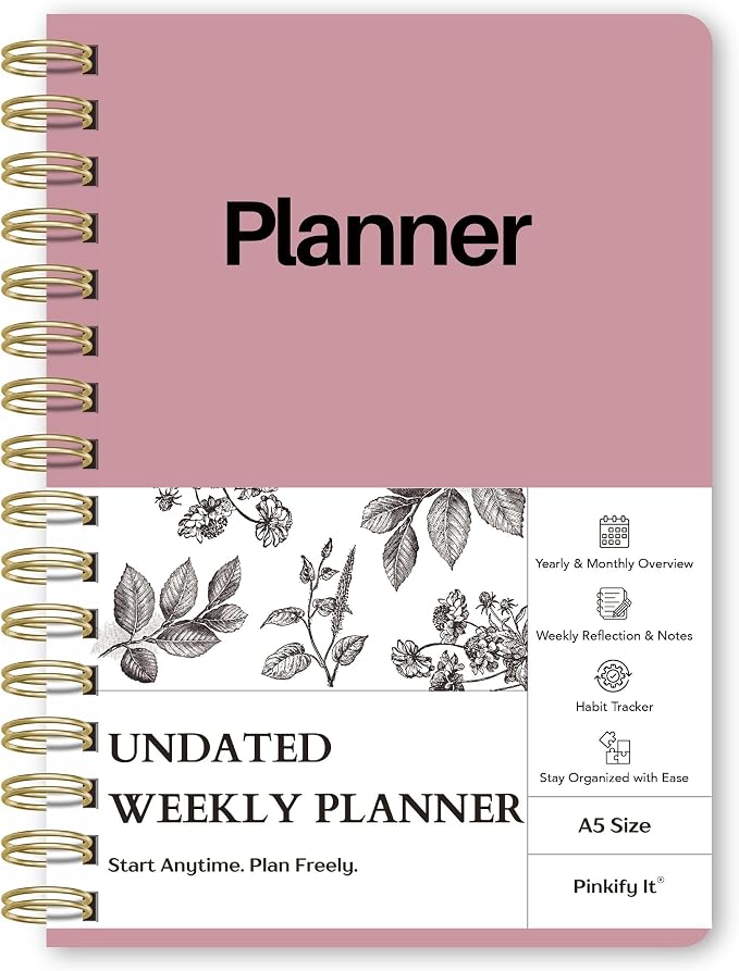 Undated Weekly Planner, A5, Dashboard Layout, Pink | Dateless, Top Priorities, To Do List, Habit Tracker, Weekly Notes Space, Weekly Reflection, For Work, School & Life