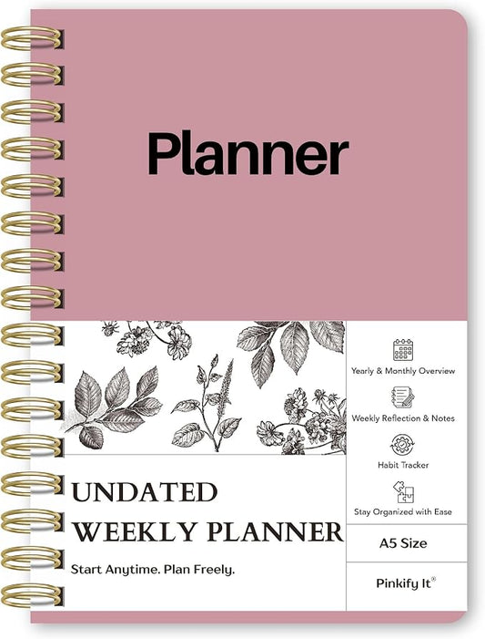 Undated Weekly Planner, A5, Dashboard Layout, Pink | Dateless, Top Priorities, To Do List, Habit Tracker, Weekly Notes Space, Weekly Reflection, For Work, School & Life