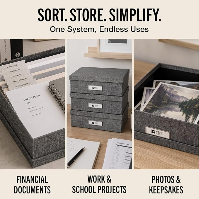 Bigso Oskar Canvas Fiberboard Document Letter Box for Important Paperwork A4 or Letter Size - Durable Keepsake Box with Lid and Metal Label Holder - 3.3in x 10.2in x 13.8in - Melange Grey