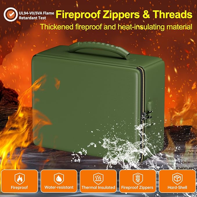 ENGPOW Fireproof Document Box with Lock & Heat-Resistant Fireproof Zipper | 6400°F 12-Layer Fire Protection, Hard File Organizer with Pockets, Portable Home Chest Safe Storage for Money,Jewelry, Green