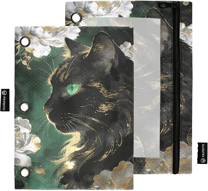 Funny Cat Pencil Pouches for 3 Ring Binder, Zipper Binder Pencil Case, 2 Pack Clear Window Case Bag for Office Organizers