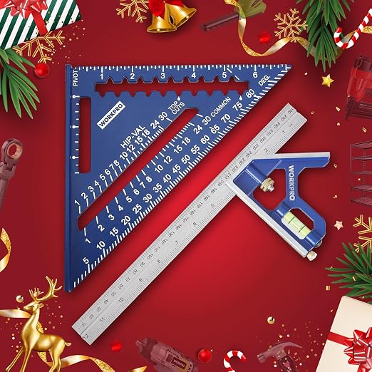 WORKPRO Aluminum Alloy Carpenter Square and Zinc-Alloy Square Ruler Set - 7 in. Rafter Layout Tool and 12 in. Combination Square Combo