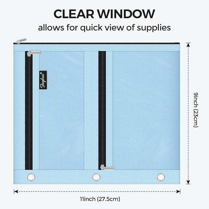 SKYDUE Binder Pencil Pouch for 3 Ring Binder, 3 Compartment Zipper Case, Large Capacity Pen Organizer with Clear PVC Window for School Supplies, Students, Kids & Teachers