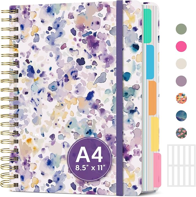 Large Spiral Lined Notebooks for Work with Removable Dividers & Tabs, 8.5"x11" Pretty Hardcover 5 Subject Notebook Journal for Women, College Ruled, Perfect for Study & Office Organization, 280 Pages,Purple Blocks