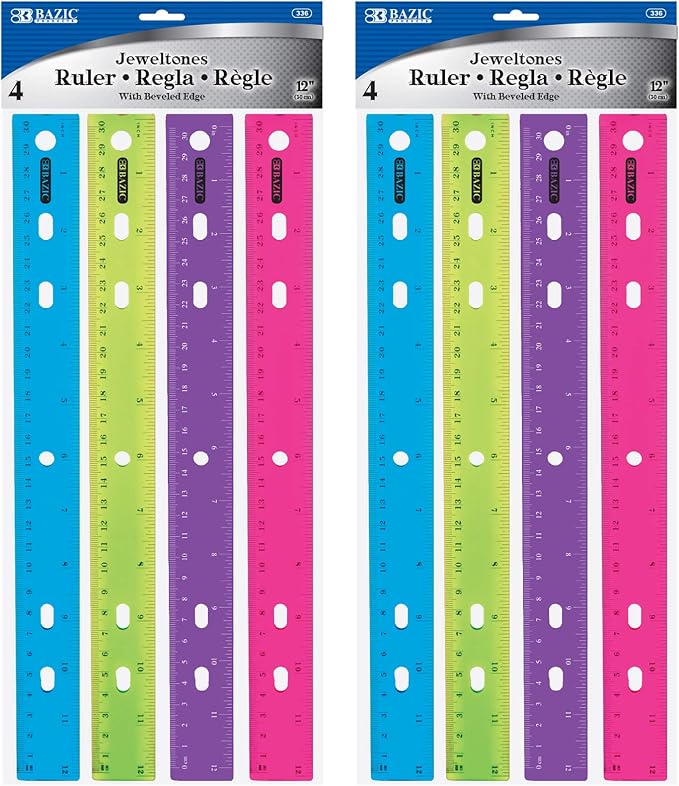 BAZIC Products 12 in Jeweltones Color Ruler, Inch & Metric, 4 Pack, 2-Pack | Four Jeweltones color plastic ruler, 12 in (30 cm), clear inch and centimeter marks for measuring and drawing straight