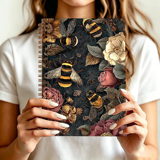 Moody Vintage Floral Bumblebee Journal Notebook 5.5x8.3, William Morris Inspired Bee Journal, Bee Gifts for Women, Dark Cottagecore Botanical Notebooks for Work
