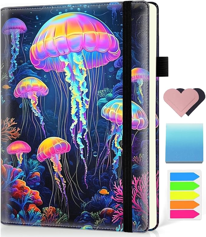 Hardcover Executive Notebooks, A5 PU Leather Lined Journal Notebook, 200 Pages Thick Paper Subject Notebooks for School,Work,Home Writing Business Notebook, Diary Book ，Colorful Jellyfish