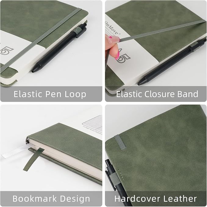 Notebooks Journal for Women Men 5 Pack Bulk Leather Hardcover with Pen Holder A5 160 Pages 100 GSM Thick Paper for Work School Lined Green