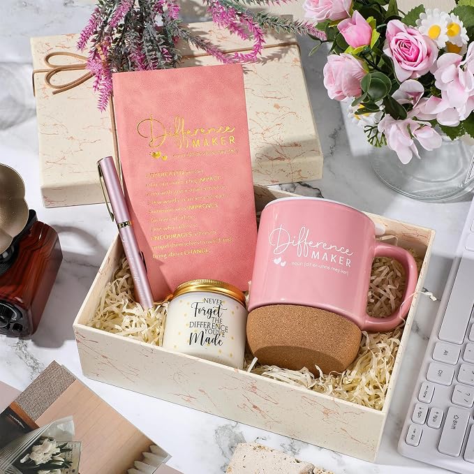Vesici 4 Pcs Difference Maker Gift Set Mug Notebook Candle Pen,Pink,Word