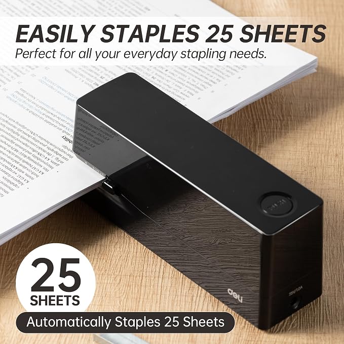 Deli Electric Stapler, Automatic Staplers for Desk, 25-Sheet Capacity | with 2000 Staples & Staple Remover, No-Jam, AC or Battery Powered Staplers for Office Home School, Black