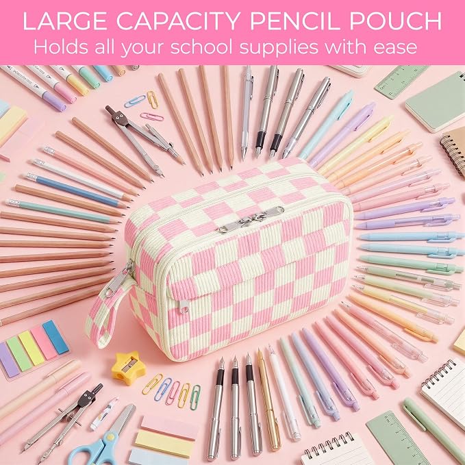 WOBAGMEN Cute Pencil Case,Large Corduroy Zippered Pencil Case Pouch, aesthetic Pencil Bag with Compartments（Pink Gingham）