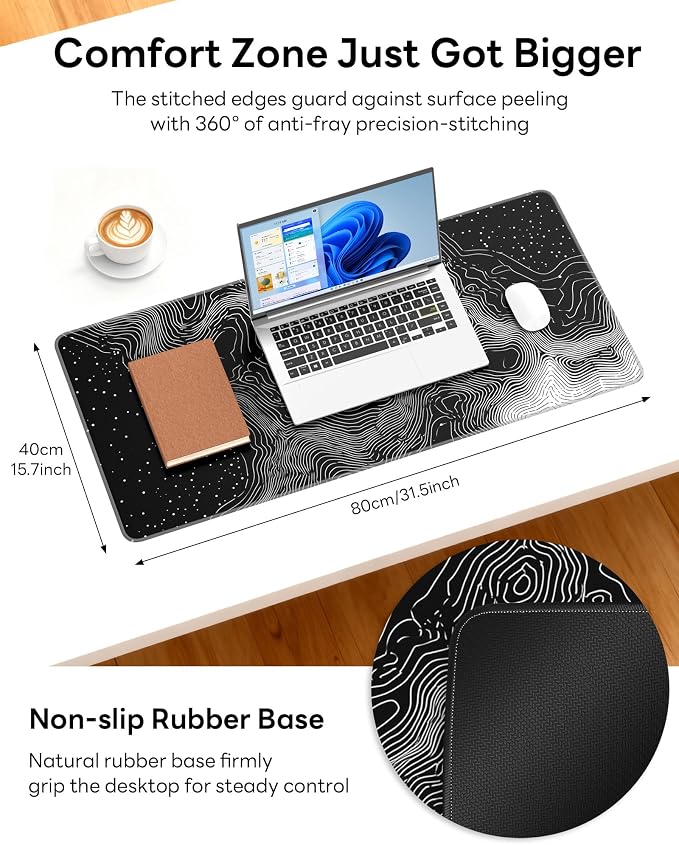 XL Gaming Mouse Pad, 31.5x15.7'' Large Desk Mat with Anti-Slip Rubber Base & Stitched Edges for Gaming, Office, Home, Linear Map