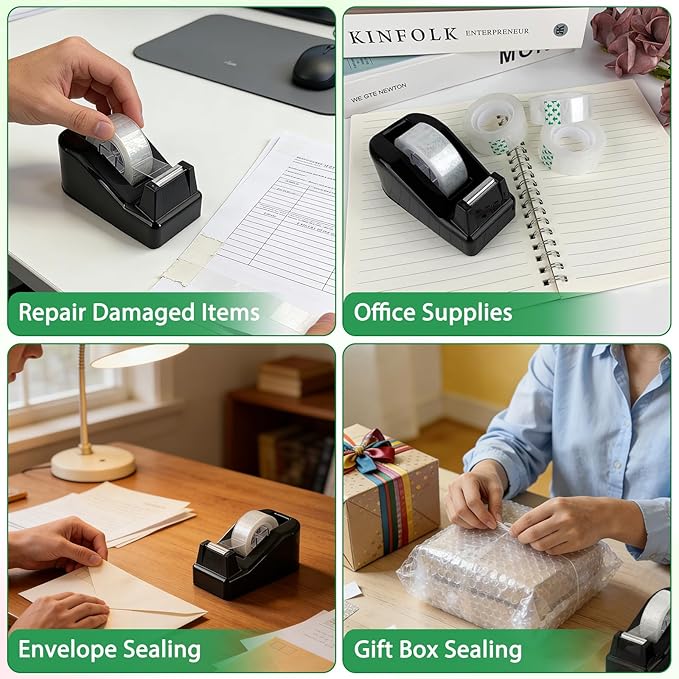 Desktop Tape Dispenser with 15 Rolls Transparent Tape, Black Desk Tape Dispenser for Home Office School, Tape and Dispenser Set for Light Duty Packaging Arts Crafts Note Repair Everyday Use