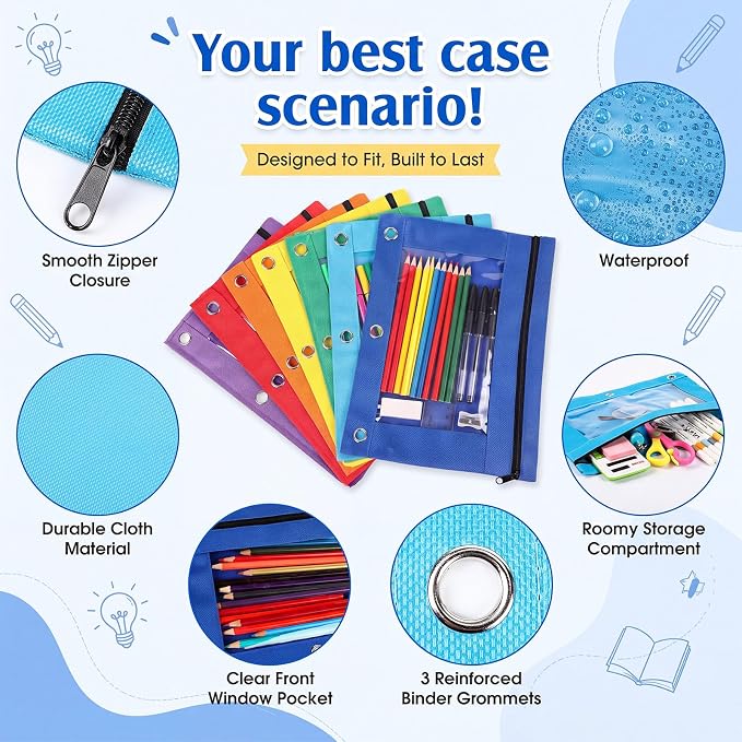 Zhehao 300 Pcs Binder Pencil Pouch Bulk Pencil Pouch for 3 Ring Binder with Zipper and Double Pocket for Writing Utensils School Supplies (Six Colors,Clear Style)