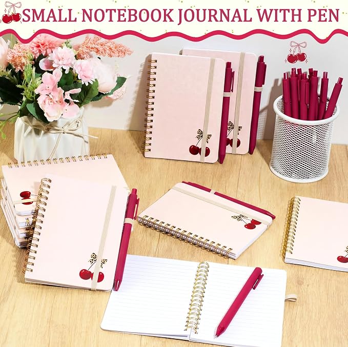 Fulmoon 24 Set Cherry A6 Spiral Notebook with Ballpoint Pens 50 Sheets, 4"x 6" Small College Ruled Notepads Journaling Notebooks Bulk for Back to School Supplies Offices Team Cherry Birthday Gifts