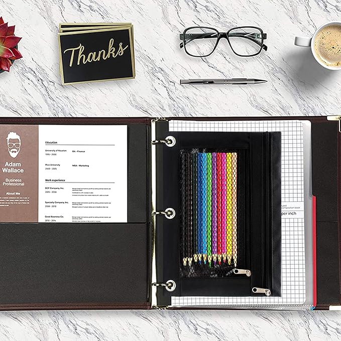 Pencil Pouch 3 Ring Binder Pouch Zippered Pencil Case Canvas Pencil Bag with 2 Compartments (Set of 2, Black)