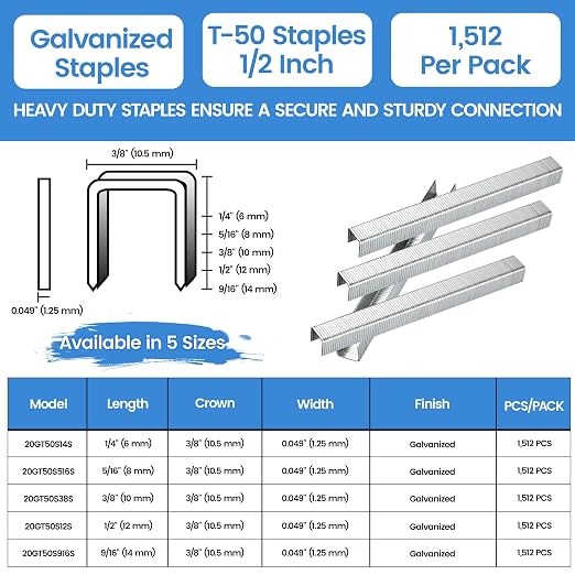 meite T50 Staples, 1/2 Inch Length Heavy Duty Staples for Staple Gun, Galvanized, 20 Gauge 3/8" Crown, Compatible with T50 Staple Gun, Ideal for Upholstery, Construction, Furniture (1,512 Counts)