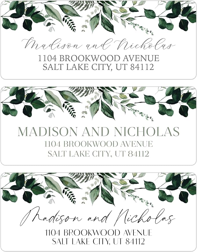 Return Address Labels Personalized with Your Choice of 30 Flower Styles - Choose Font and Font Color or Add Custom Text - Perfect for Wedding Envelopes (002 Green Leaves)