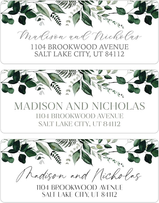 Return Address Labels Personalized with Your Choice of 30 Flower Styles - Choose Font and Font Color or Add Custom Text - Perfect for Wedding Envelopes (002 Green Leaves)