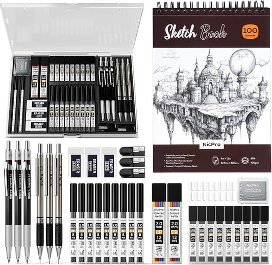 Nicpro 37PCS Art Drawing Supplies Kit, Metal Mechanical Pencil Set 0.5, 0.7, 0.9 & 2mm, 100 Sheets 9x12 Sketch Book, 288PCS Leads, School Supplies Drawing Kit for Artist Adults Teens Kids Sketching
