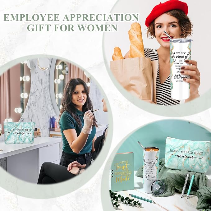 Domensi 6 Pcs Employee Appreciation Gift Set for Women Female Thank You Gift May You Be Proud 20 oz Rustic Marble Sign Tumbler Makeup Bag Journal for Boss Teacher Work Business(Green)