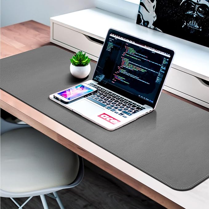 CENNBIE Leather Desk Mat, 55''x19.6'' Extra Large Desk Pad (Grey) | Premium stitched edges resist wear. Easy to clean. Protects desk from spills, stains ,scratches. Smooth glide. Office & home