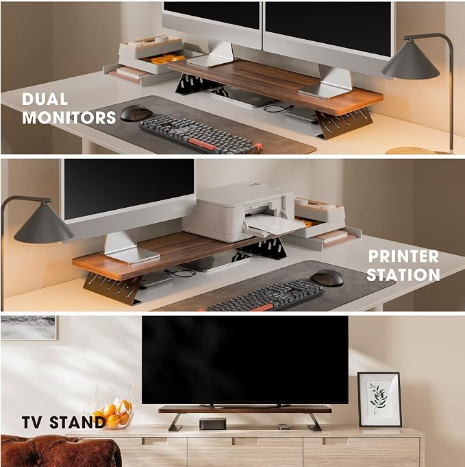 Fenge Monitor Stand Riser, Wooden & Metal Desk Shelf Organizer, Brown | 31.5 Inch Computer Stand for Compact Work Station, Multifunctional Monitor Shelf for Laptop, PC, Printer