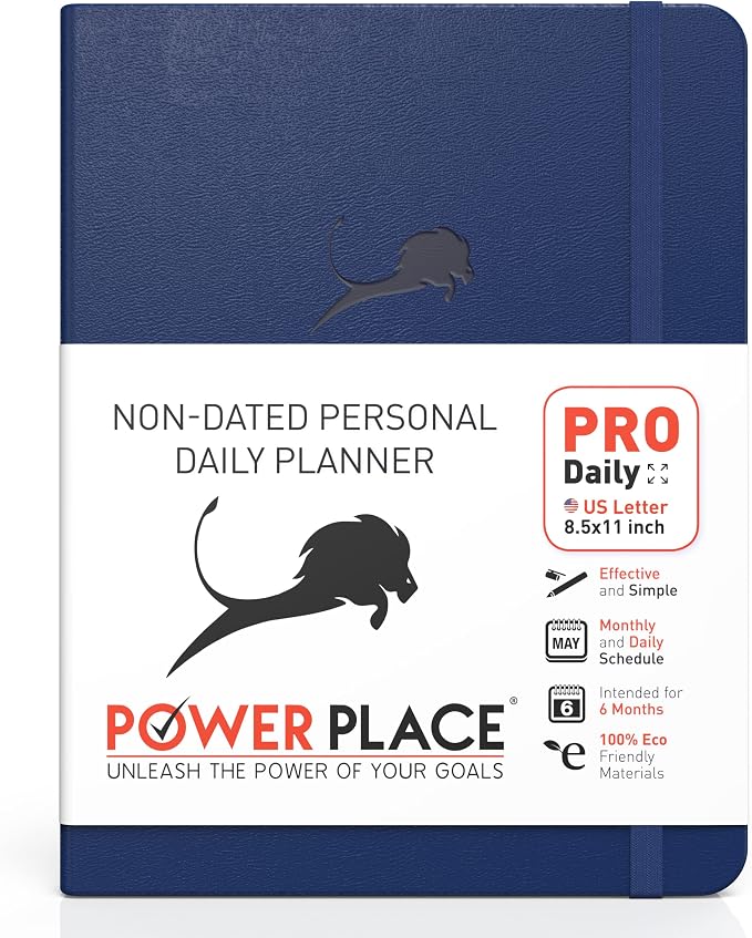 Day Planner - Professional Goal Planner, Calendar & Gratitude Journal to Increase Productivity, Time Management & Happiness - Vegan Leather Softcover, 24 Hourly, Undated 6 Months Work Planner