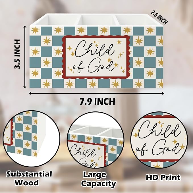 Christian Kids Pen Pencil Holder Organizer for Desk, Retro Blue Checkered Bible Verse Wooden Box Signs Decorations for Boys Girls Room Bedroom Desk Tabletop, Christian Gifts for Kids