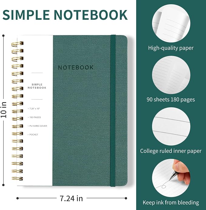 Spiral Notebook - 7.24" x 10" College Ruled Journal with Inner Pockets and 180 Pages, PU Leather Cover Business Journal, Twin-Wire Binding Notebook Perfect for Office & Home School Supplies Green