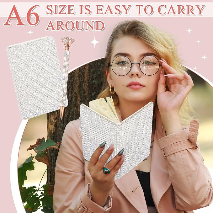 Resholder Rhinestone Pen & Glitter Notebook Set, Hard Cover Bling Diary Journal for Girls, Cute School Supplies for Back to School, Sparkly Desk Accessories Gift for Women(Pearl,A5,White)