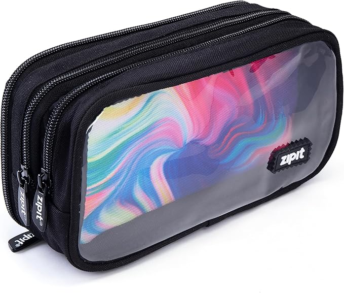 ZIPIT Half & Half Pencil Case, 3 Compartment Zipper Pouch for School, Stationery Bag for Teen Girls Boys and Adults, Black