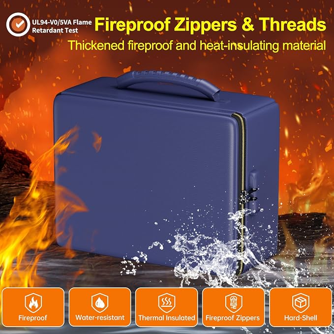ENGPOW Fireproof Document Box with Lock & Heat-Resistant Fireproof Zipper | 6400°F 12-Layer Fire Protection, Hard File Organizer with Pockets, Portable Home Chest Safe Storage for Money,Jewelry, Blue